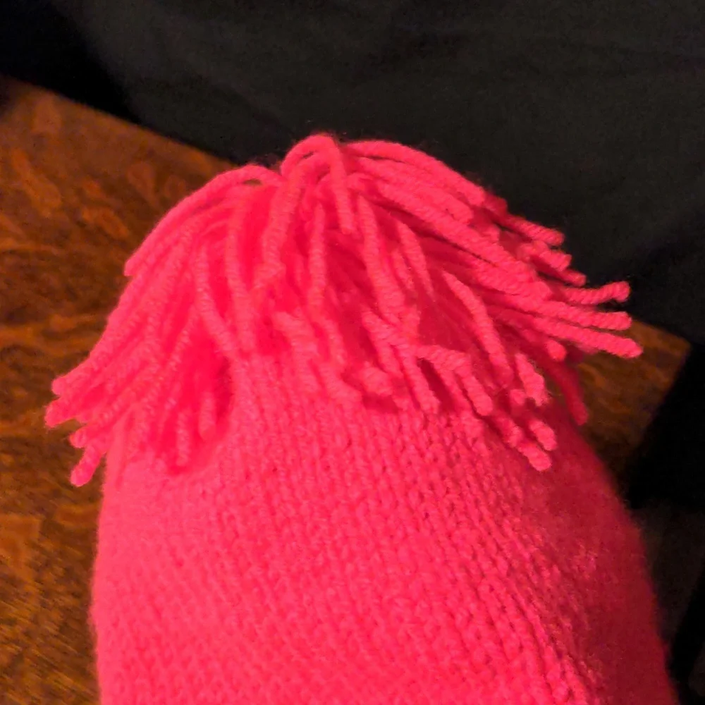 Hand Knit Neon Pink Beanie Hat With Floppy Pom-pom OSFM